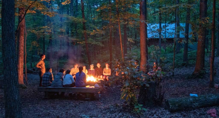 a group of teens sit around a campfire in a wooded area